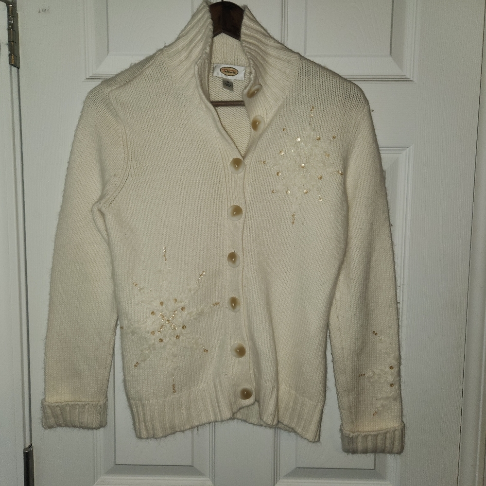 Talbots Womens Ivory Cotton Knit Cardigan Sweater Christmas Winter Sz M